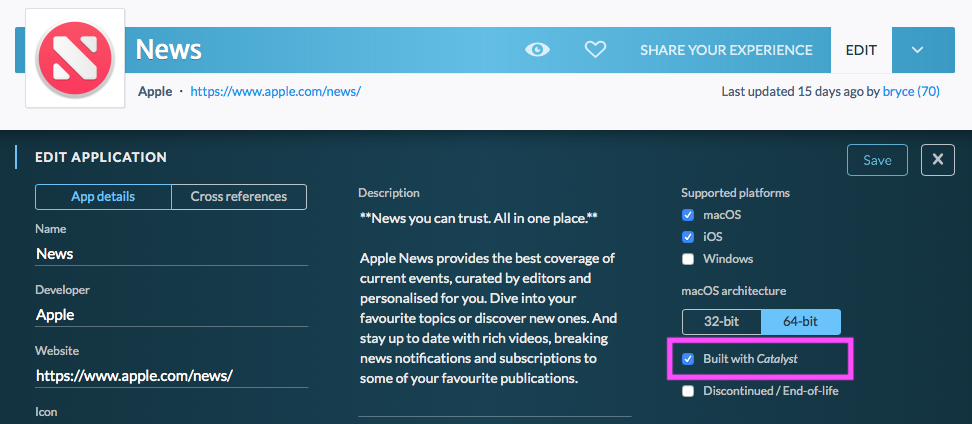 Screenshot of editing Built with Catalyst option